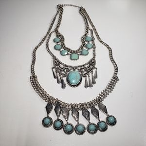 BOHO "W" Brand Triple Row Necklace Costume Jewelry Faux Turquoise Stones 18"